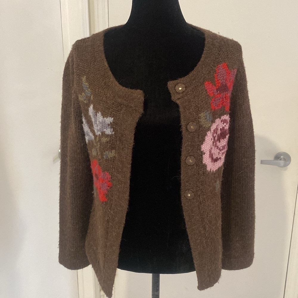 Jackpot wool blend button down Brown cardigan w large floral print Size Small - Picture 4 of 16